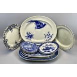 MIXED BLUE & WHITE PATTERN MEAT PLATTERS & PLATES - 12 pieces to include a large oval example with