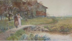 ALFRED E WRAGGE watercolour - courting couple standing on a bridge over a brook with geese to the