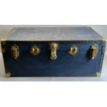 VINTAGE STEAMER TRUNK IN BLUE - with side carry handles, 37.5cms H, 91cms W, 51.5cms D