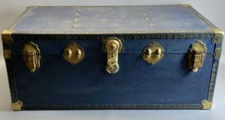 VINTAGE STEAMER TRUNK IN BLUE - with side carry handles, 37.5cms H, 91cms W, 51.5cms D