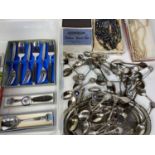 ENGLISH & CONTINENTAL SILVER & EPNS COLLECTOR'S SPOONS, boxed modern kitchen knives and other