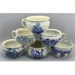 CHAMBER POTTY PLANTER POTS (6) - in various blue and white patterns, two bearing back stamps for W &