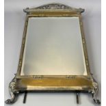 ADAMS STYLE SILVER PLATED BRASS EASEL BACK MIRROR - with rose decoration on scroll feet, 54cms H,