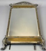 ADAMS STYLE SILVER PLATED BRASS EASEL BACK MIRROR - with rose decoration on scroll feet, 54cms H,