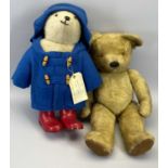 VINTAGE TEDDY BEAR - with glass eyes, 56cms tall and a similarly sized Paddington Bear with usual