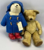 VINTAGE TEDDY BEAR - with glass eyes, 56cms tall and a similarly sized Paddington Bear with usual