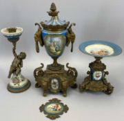 CONTINENTAL SERVES STYLE PORCELAIN & GILT ORMOLU MOUNTED CLOCK GARNITURE ITEMS (3) with an