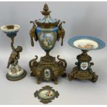 CONTINENTAL SERVES STYLE PORCELAIN & GILT ORMOLU MOUNTED CLOCK GARNITURE ITEMS (3) with an
