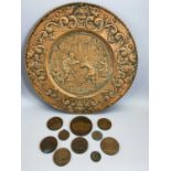 FRENCH CAST METAL PLAQUES/MEDALLIONS (10) and a repousse metal wall charger titled 'Le Combat',