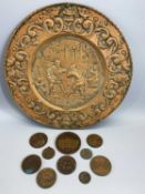 FRENCH CAST METAL PLAQUES/MEDALLIONS (10) and a repousse metal wall charger titled 'Le Combat',