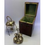EPNS SPIRIT KETTLE ON STAND WITH BURNER and original wooden travel case, with an egg cup stand for