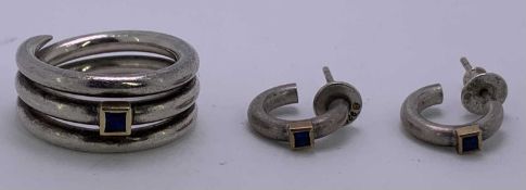 A 925 SILVER TRIPLE RING - with square cut small sapphire, Size L-M, 10grms, Birmingham 1924 and a