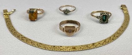 9CT GOLD JEWELLERY, 4 ITEMS and a diamond set signet type ring in unmarked yellow metal, items