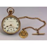 9CT GOLD CASED GENTLEMAN'S POCKET WATCH & FOB CHAIN - the watch case dated Chester 1906, the dial