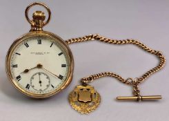 9CT GOLD CASED GENTLEMAN'S POCKET WATCH & FOB CHAIN - the watch case dated Chester 1906, the dial