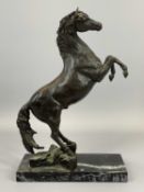 CONTEMPORARY BRONZE MODEL OF A REARING STALLION - on an oblong marble base, 32 x 22 x 10cms