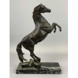 CONTEMPORARY BRONZE MODEL OF A REARING STALLION - on an oblong marble base, 32 x 22 x 10cms