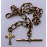 9CT GOLD CABLE LINK ALBERT WITH T BAR & GOLD CROSS ATTACHED - 32cms L, fully stamped, 30grms gross