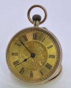 9CT GOLD CASED LADY'S FOB WATCH - manual wind movement behind a gilt dial, set with Roman
