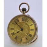 9CT GOLD CASED LADY'S FOB WATCH - manual wind movement behind a gilt dial, set with Roman