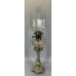 FANCY EPNS COLUMN TABLELAMP - with facet cut glass font and odd sized glass shade, 80cms overall H