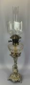 FANCY EPNS COLUMN TABLELAMP - with facet cut glass font and odd sized glass shade, 80cms overall H