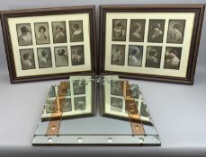 ART DECO WALL MIRROR and two framed quantities of vintage glamour postcards, 61.5 x 53.5cms the