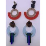 COLOURED PLASTIC EARRINGS, TWO PAIRS - 1. moon shaped with three colourful oblong drops and, 2.