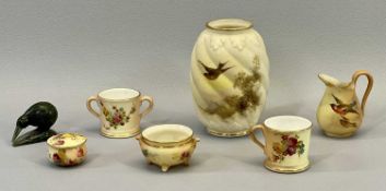 ROYAL WORCESTER, GRAINGER'S WORCESTER CABINET PORCELAIN & MINIATURES, 6 PIECES and a small carved