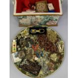VINTAGE NEEDLEWORK BOX with jewellery and other collectable contents including a sterling silver
