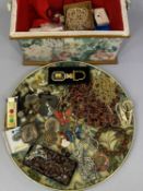 VINTAGE NEEDLEWORK BOX with jewellery and other collectable contents including a sterling silver