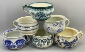 CHAMBER POTTY PLANTER POTS (6) - in various blue and white patterns, two bear back stamps for