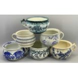 CHAMBER POTTY PLANTER POTS (6) - in various blue and white patterns, two bear back stamps for