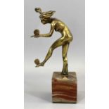 BRONZE ART DECO FIGURINE OF A DISC DANCER - on a square marble base, 20.5cms overall H, polished