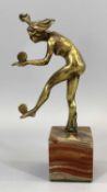 BRONZE ART DECO FIGURINE OF A DISC DANCER - on a square marble base, 20.5cms overall H, polished