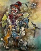 C LORRAIN oil on canvas - colourful depiction of a seated clown, 'Clown A La Chaussette Efillochee',