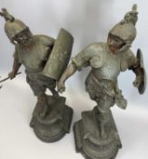 CLASSICAL STYLE SPELTRE WARRIOR FIGURINES, A PAIR - 60cms H the tallest