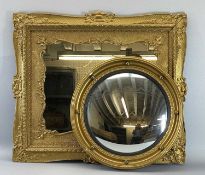 OBLONG GILT FRAMED DECORATIVE MIRROR, 64 x 74cms and a convex bobble mirror, 49cms diameter