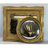 OBLONG GILT FRAMED DECORATIVE MIRROR, 64 x 74cms and a convex bobble mirror, 49cms diameter