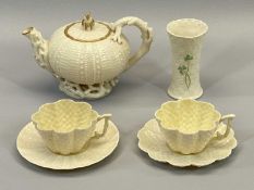 BELLEEK PORCELAIN, 6 PIECES - to include a coral and shell form teapot and cover, 13cms overall H,