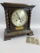 JUNGHANS MOVEMENT OAK CASED MANTEL CLOCK and a small quantity of pre-decimal British coinage, the