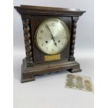 JUNGHANS MOVEMENT OAK CASED MANTEL CLOCK and a small quantity of pre-decimal British coinage, the