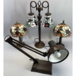 REPRODUCTION TIFFANY STYLE TABLE LAMPS (3) and a desk type anglepoise lamp, 58cms H the double shade