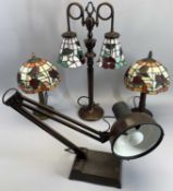 REPRODUCTION TIFFANY STYLE TABLE LAMPS (3) and a desk type anglepoise lamp, 58cms H the double shade