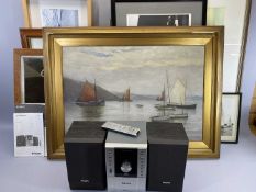 FRAMED PAINTINGS, PRINTS, oak framed mirror and a Phillips Micro hifi system to include a gilt