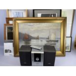 FRAMED PAINTINGS, PRINTS, oak framed mirror and a Phillips Micro hifi system to include a gilt