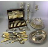 MIXED EPNS WARE WITH CASED & LOOSE CUTLERY - to include a two branch candelabra, 44cms H, wood and