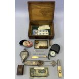 SMALL SILVER, WHITE METAL & OTHER COLLECTABLES - in an inlaid olive wood box, the silver includes