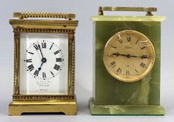 IIMHOF SWISS MADE GREEN ONYX CASED CARRIAGE CLOCK and a French brass example, the dial marked 'Ray