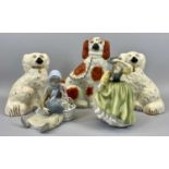 STAFFORDSHIRE DOGS & PORCELAIN FIGURINES GROUP - a single red and white seated spaniel, pair of